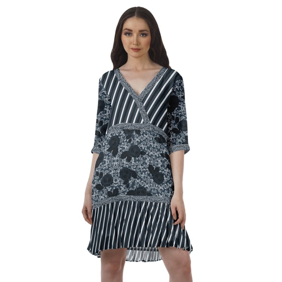 Moomaya Georgette Printed 3/4 Sleeve V-Neck Casual Short Length Dress For Women