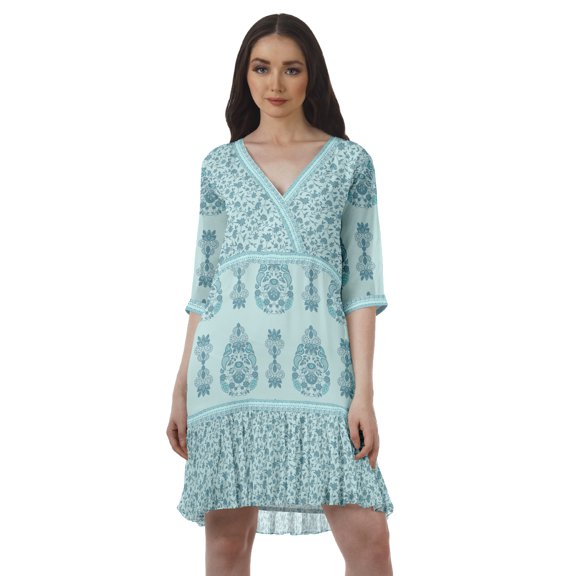 Moomaya Georgette Printed Wrap Style V-Neck Mini Dress For Women Casual Outfit