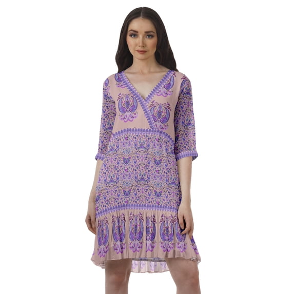 Moomaya Georgette Printed Wrap Style V-Neck Mini Dress For Women Casual Outfit