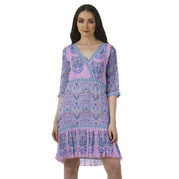 Moomaya Georgette Printed Wrap Style V-Neck Mini Dress For Women Casual Outfit