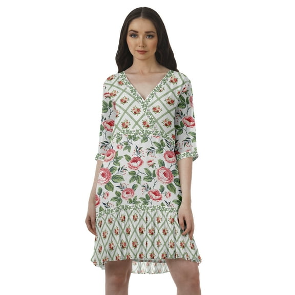 Moomaya Georgette Printed Wrap Style V-Neck Mini Dress For Women Casual Outfit