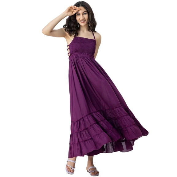 Moomaya Halter Neck Tiered Dress, Backless Style Maxi Beach Dress For Women