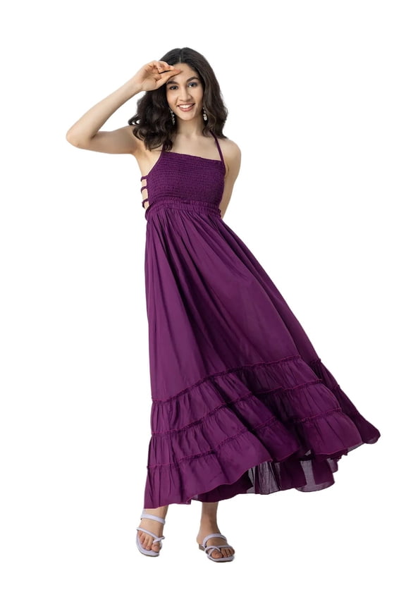 Halter Neck Tiered Dress, Backless Style Maxi Beach Dress For Women