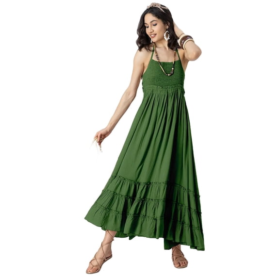 Moomaya Halter Neck Tiered Dress, Backless Style Maxi Beach Dress For Women
