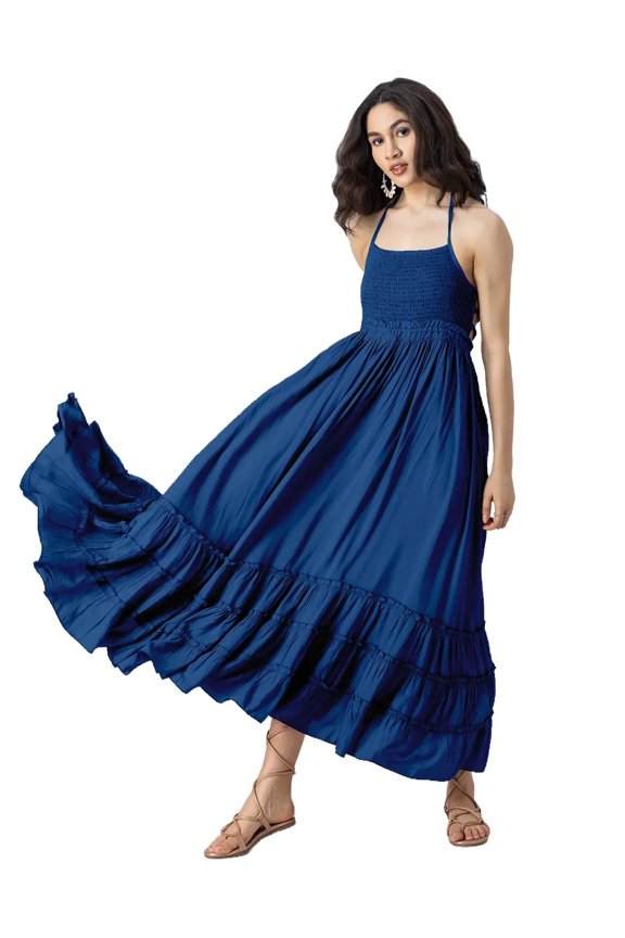 Halter Neck Tiered Dress, Backless Style Maxi Beach Dress For Women