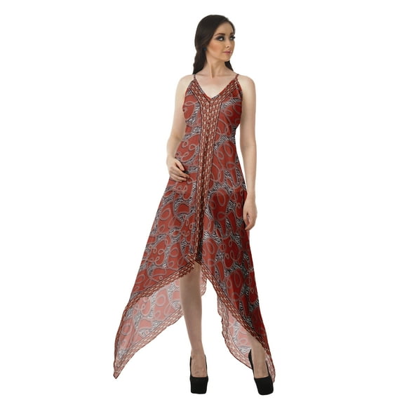 Moomaya Hankerchief Hem Dress Women Printed V Neck Asymmetrical Hem Dress