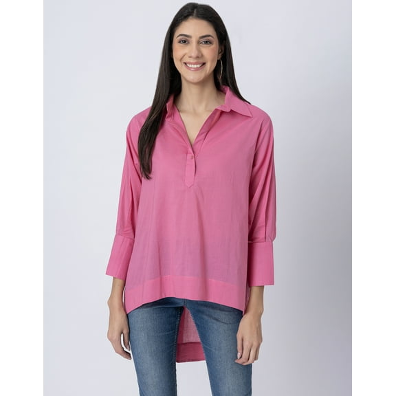 Moomaya High-Low Casual Shirt, Classic Collar, Quarter Cuff Sleeves Women Cotton Top