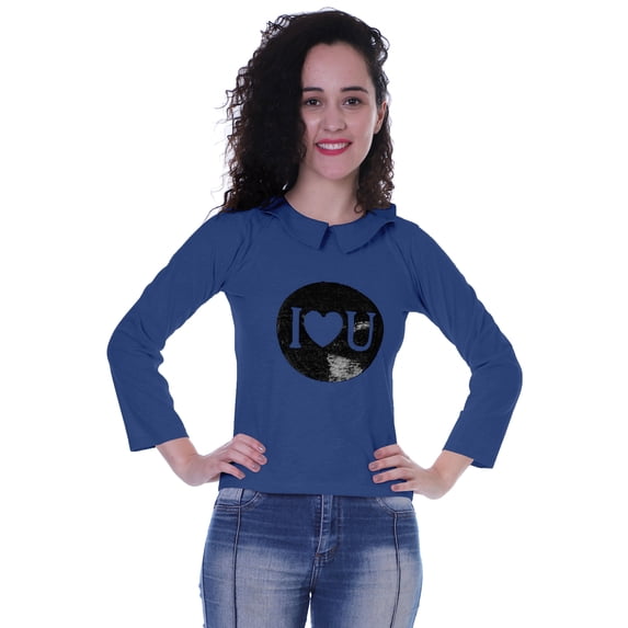 Moomaya I Love You Sequin Patch Top Embroidered Peter Pan Collar Tunics For Women