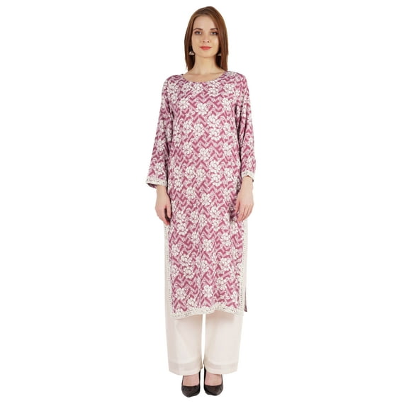 Moomaya Indian Rayon Kurta For Women Printed A-Line Kurti Lace Designer Ethnic Wear Shirt