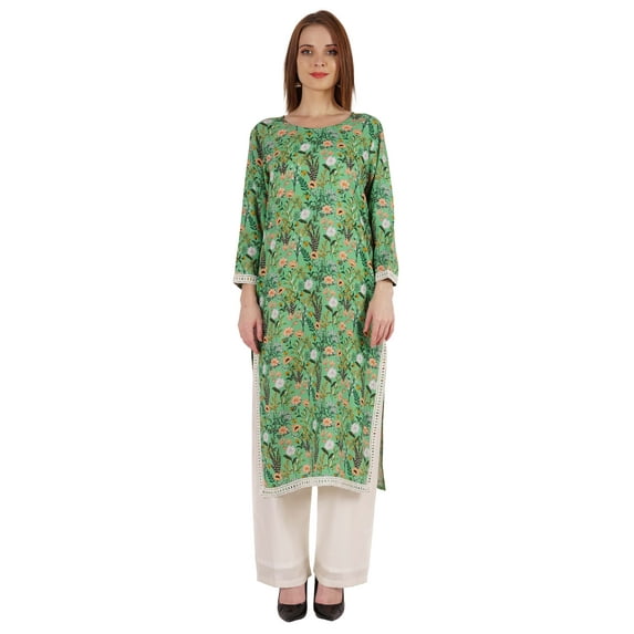 Moomaya Indian Rayon Kurta For Women Printed A-Line Kurti Lace Designer Ethnic Wear Shirt