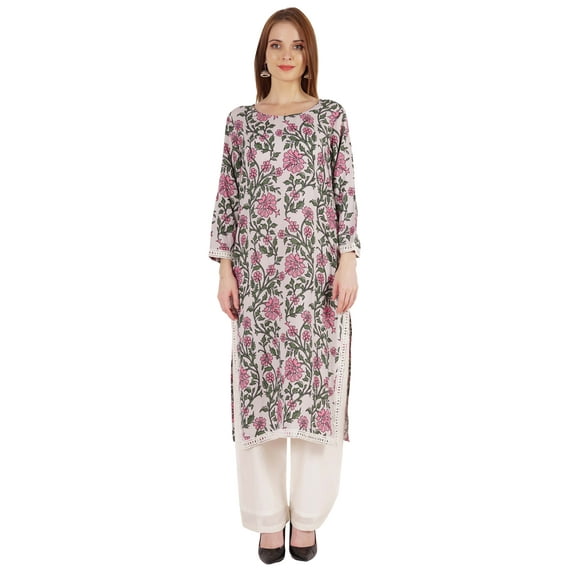 Moomaya Indian Rayon Kurta For Women Printed A-Line Kurti Lace Designer Ethnic Wear Shirt