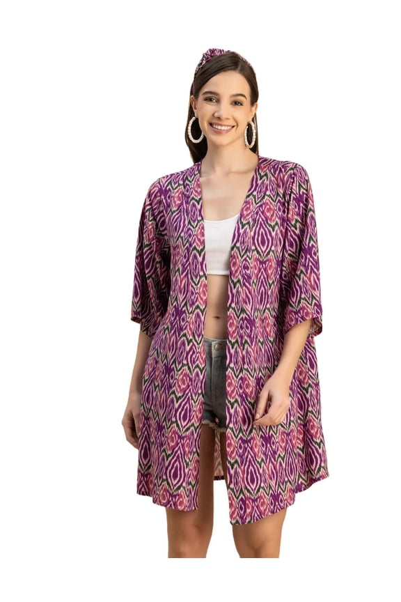 Kimono Sleeves V Neck Printed Rayon Shrug -Women's Stylish Printed Shrug