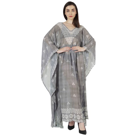 Moomaya Long Beach Sheer Kaftan Dress For Women Printed Beachwear V-Neck Swimsuit Resort wear Kimono Cover Up