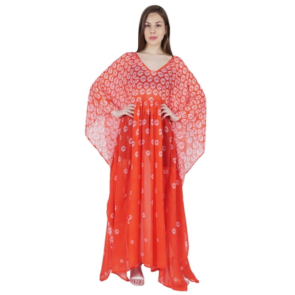 Moomaya Long Beach Sheer Kaftan Dress For Women Printed Beachwear V-Neck Swimsuit Resort wear Kimono Cover Up