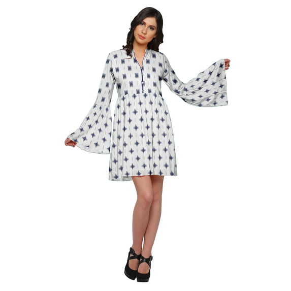 Moomaya Long Bell Sleeve Dress For Women Casual Printed Summer Pleated Kurta
