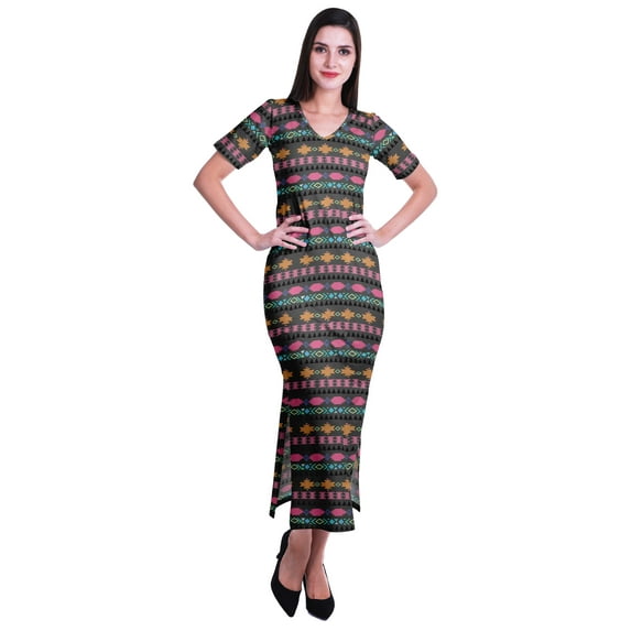 Moomaya Long Bodycon Maxi Dress For Womens Short Sleeve V neck Printed Jersey T-shirt Dress
