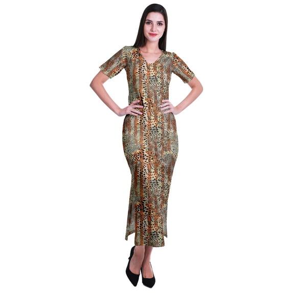Moomaya Long Bodycon Maxi Dress For Womens Short Sleeve V neck Printed Jersey T-shirt Dress