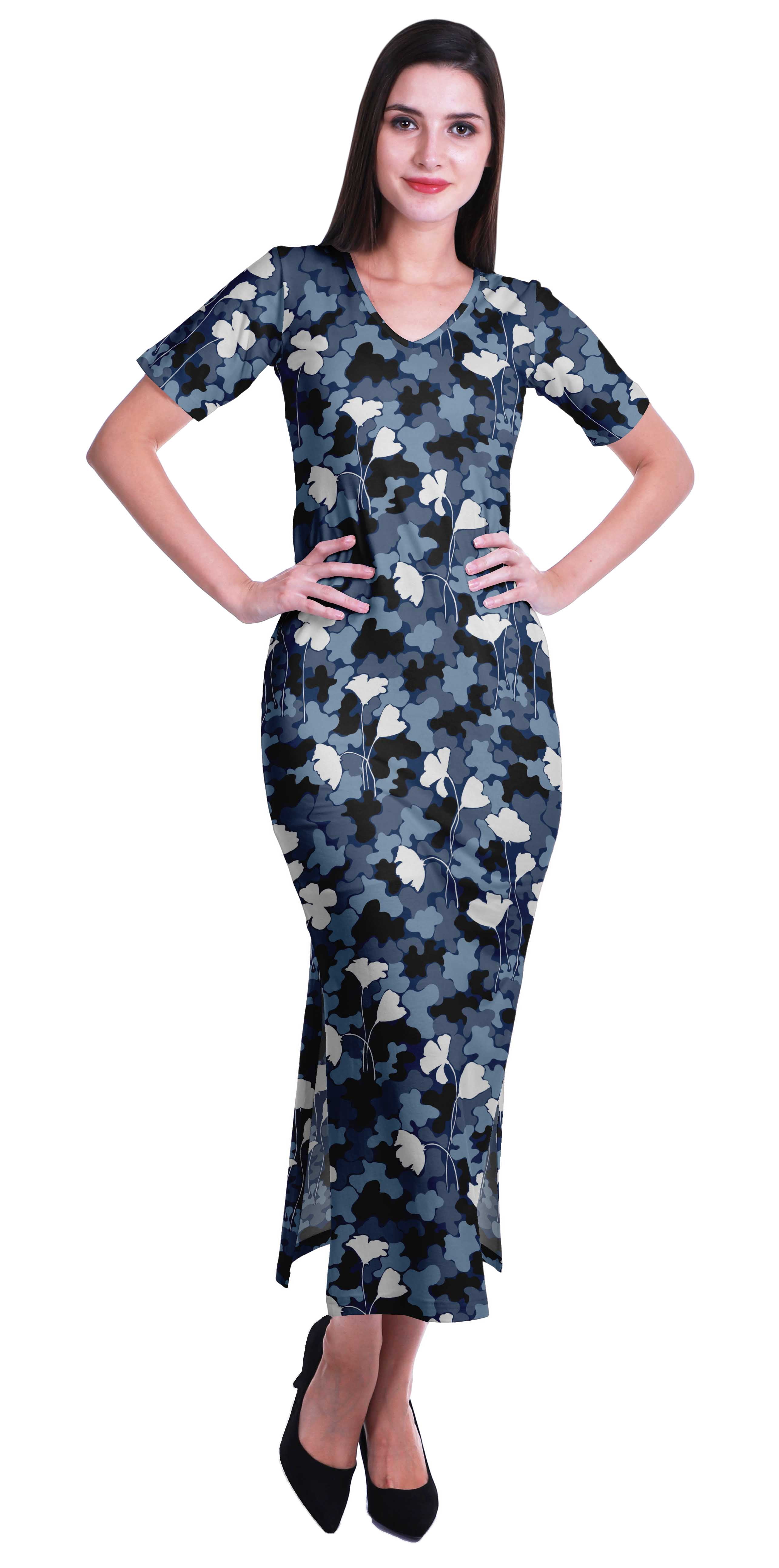 bodycon t shirt maxi dress Moomaya Long Bodycon Maxi Dress For Womens Short Sleeve V neck Printed Jersey T-shirt Dress, Women's, Size: XL, Black