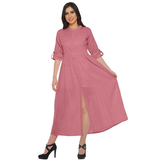 Moomaya Long Button Down Shirts For Women Front Slit A-Line Kurtis Summer Kurta