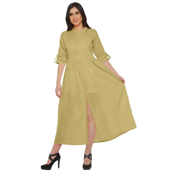 Moomaya Long Button Down Shirts For Women Front Slit A-Line Kurtis Summer Kurta