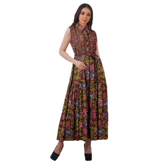 Moomaya Long Shirt Dresses Women Printed Sleeveless Sundress Button Shirt