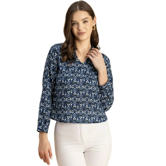 Moomaya Long Sleeve Band Collar Printed Top - Women's Stylish Georgette Top