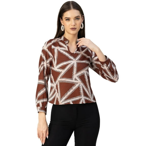 Moomaya Long Sleeve Band Collar Printed Top - Women's Stylish Georgette Top