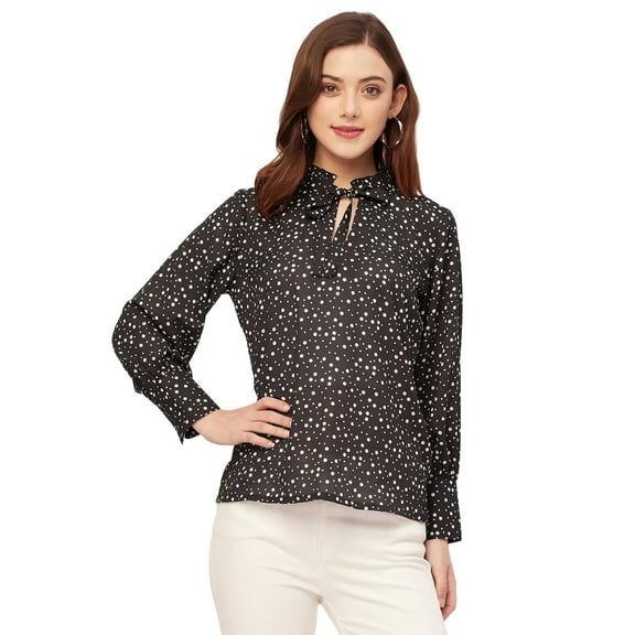 Moomaya Long Sleeve Printed Georgette Shirt - Women's Trendy Tie Up Neck Shirt