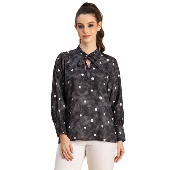 Moomaya Long Sleeve Printed Georgette Shirt - Women's Trendy Tie Up Neck Shirt