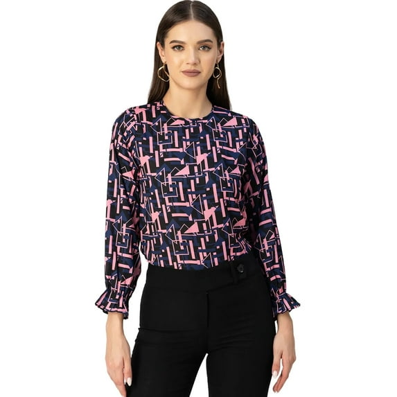 Moomaya Long Sleeve Round Neck Printed Georgette Top - Women's Boho Top