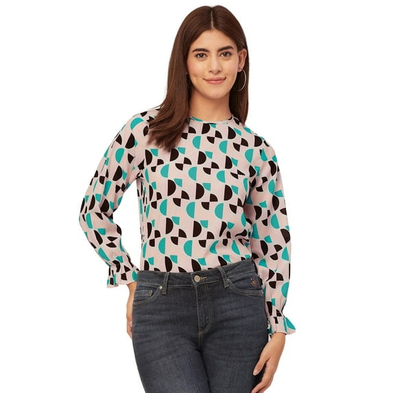 Moomaya Long Sleeve Round Neck Printed Georgette Top - Women's Boho Top