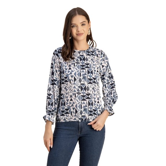 Moomaya Long Sleeve Round Neck Printed Georgette Top - Women's Boho Top