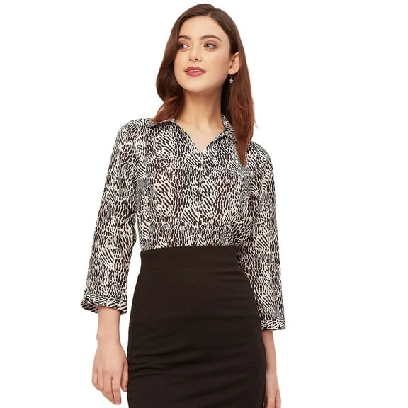 Moomaya Long Sleeve Shirt Collar Printed Top - Women's Stylish Georgette Top