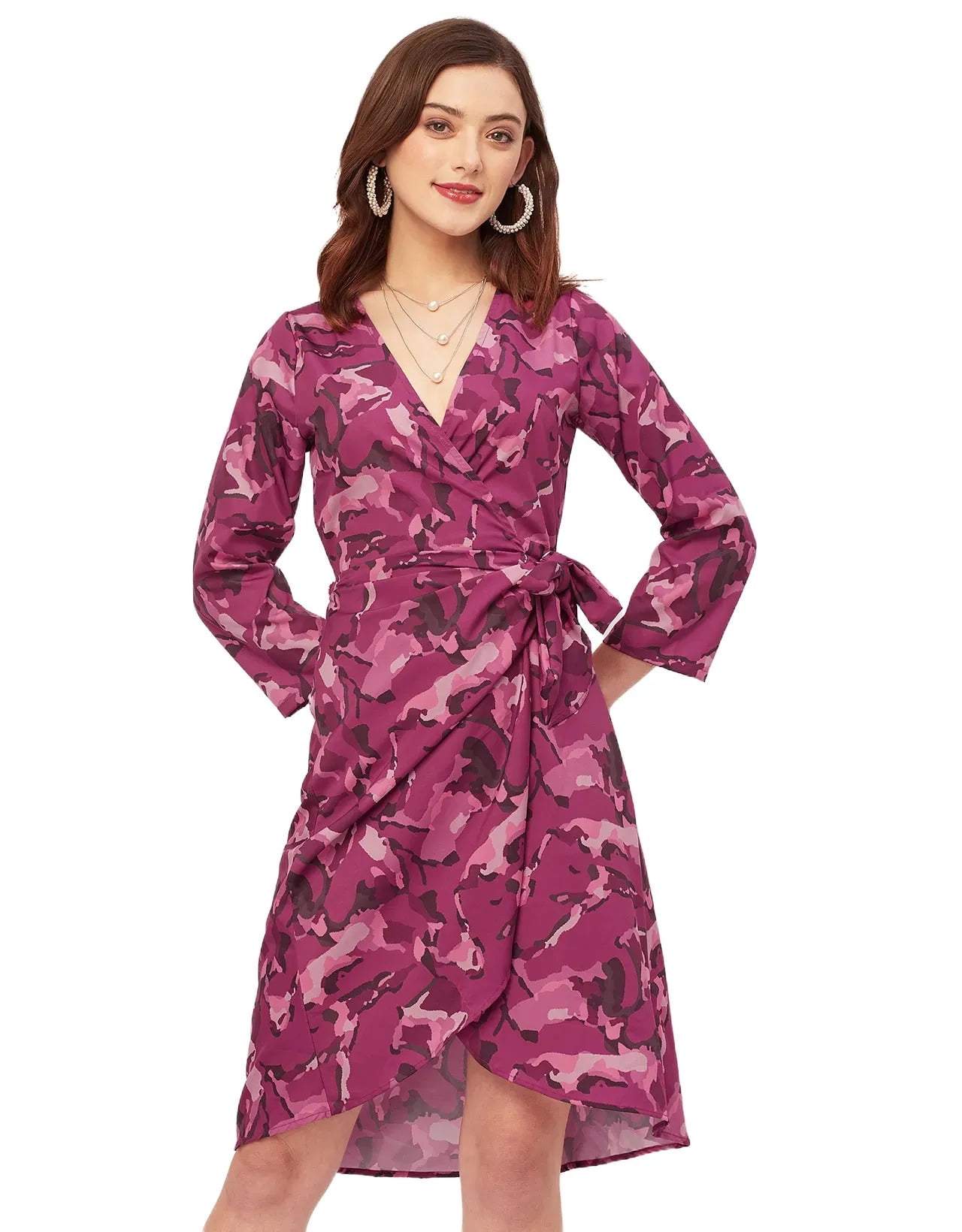 Long Sleeved V-neck Midi Length Wrap Dress