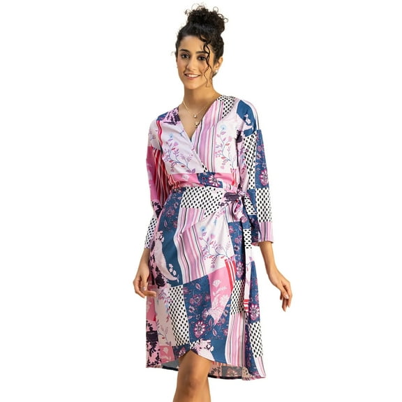 Moomaya Long Sleeve V Neck Wrap Printed Dress - Women's Stylish Wrap Dress