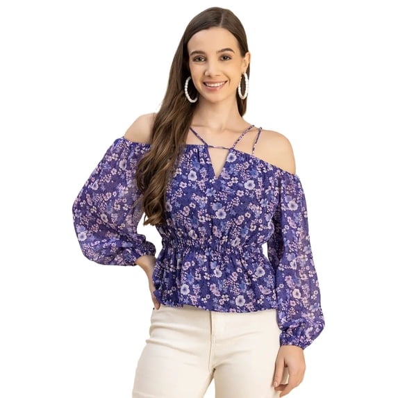 Moomaya Long Sleeves Off Shoulder Printed Top - Women's Stylish Peplum Top