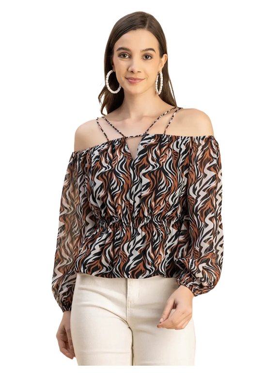 Long Sleeves Off Shoulder Printed Top - Women's Stylish Peplum Top