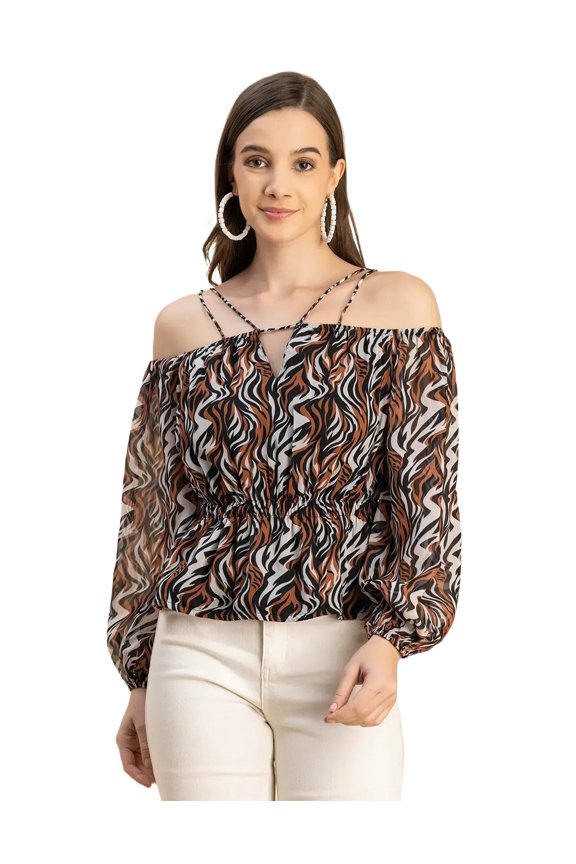 Long Sleeves Off Shoulder Printed Top - Women's Stylish Peplum Top