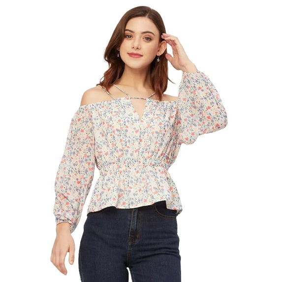 Moomaya Long Sleeves Off Shoulder Printed Top - Women's Stylish Peplum Top