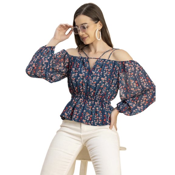 Moomaya Long Sleeves Off Shoulder Printed Top - Women's Stylish Peplum Top