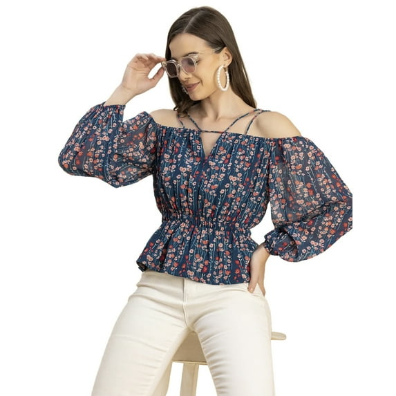 Moomaya Long Sleeves Off Shoulder Printed Top - Women's Stylish Peplum Top