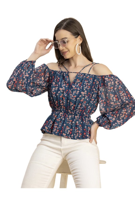 Long Sleeves Off Shoulder Printed Top - Women's Stylish Peplum Top