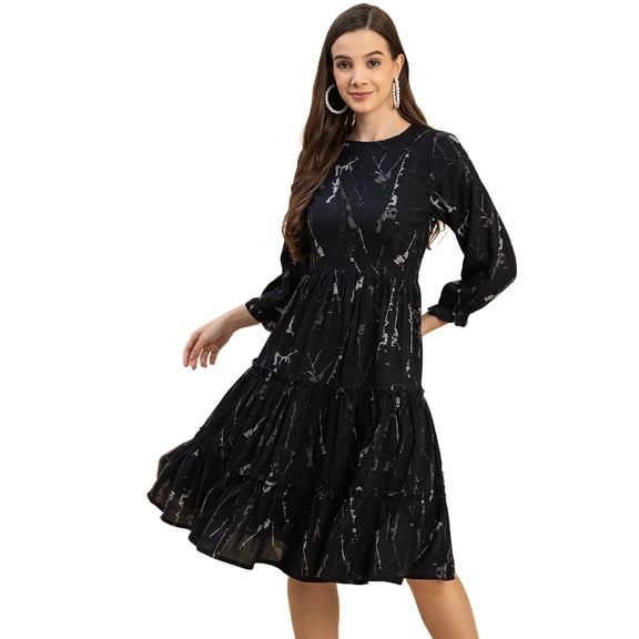 Moomaya Long Sleeves Round Neck Printed Rayon Dress - Women's Casual Dress