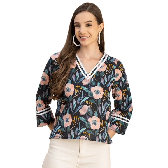 Moomaya Long Sleeves Round Neck Regular Printed Top - Women's Casual Printed Top