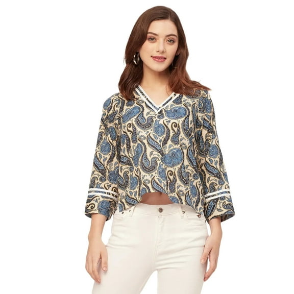 Moomaya Long Sleeves Round Neck Regular Printed Top - Women's Casual Printed Top