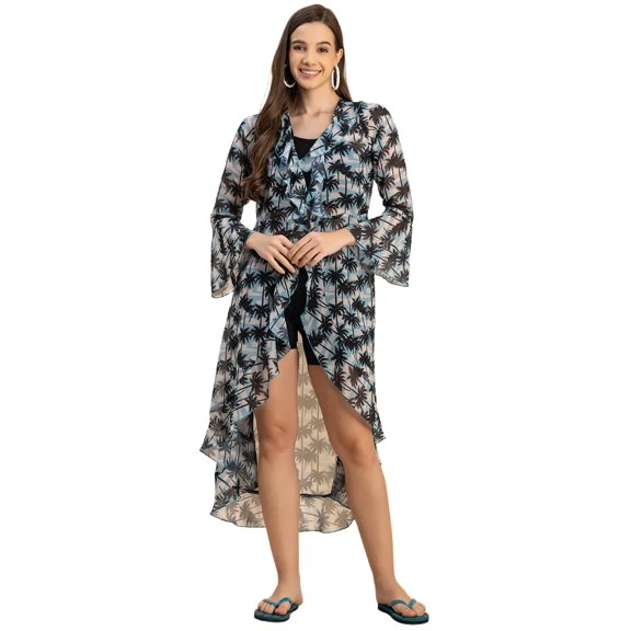 Moomaya Long Sleeves V Neck Ruffle Printed Shrug - Women's Stylish Ruffle Shrug