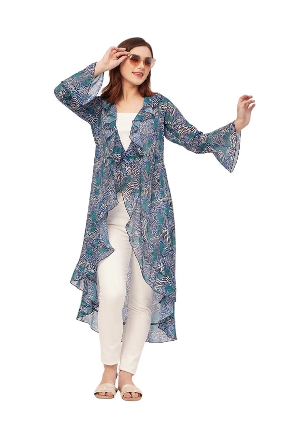 Long Sleeves V Neck Ruffle Printed Shrug - Women's Stylish Ruffle Shrug