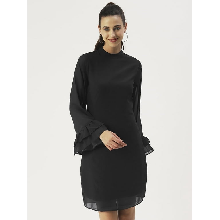 DressBerry Womens Solid Poly Georgette Dress Round Neck Long Bell Sleeves Knee Length Regular Wear Light Weighted Casual Summer Dress