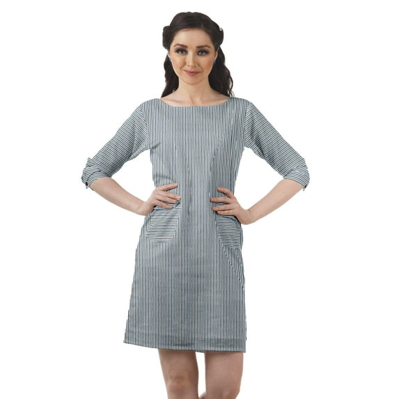 Moomaya Mini Dresses Women Cotton Slub Summer Dresses 3/4 Sleeve Shift Dress