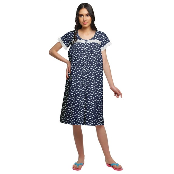 Moomaya Nightwear For Women Printed Cotton Nightdress Knee Length Sleepwear